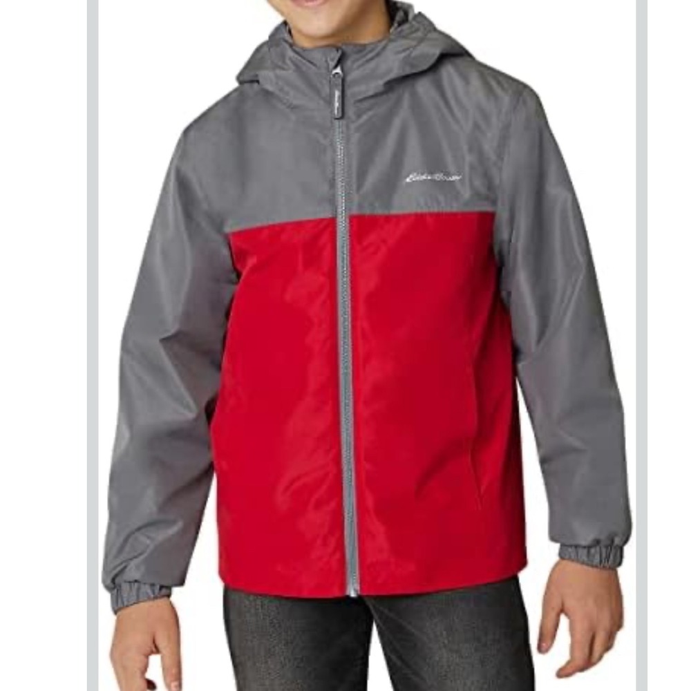 Eddie Bauer Kids Red Gray Waterproof Rain Jacket Hooded Windbreaker L 14/16